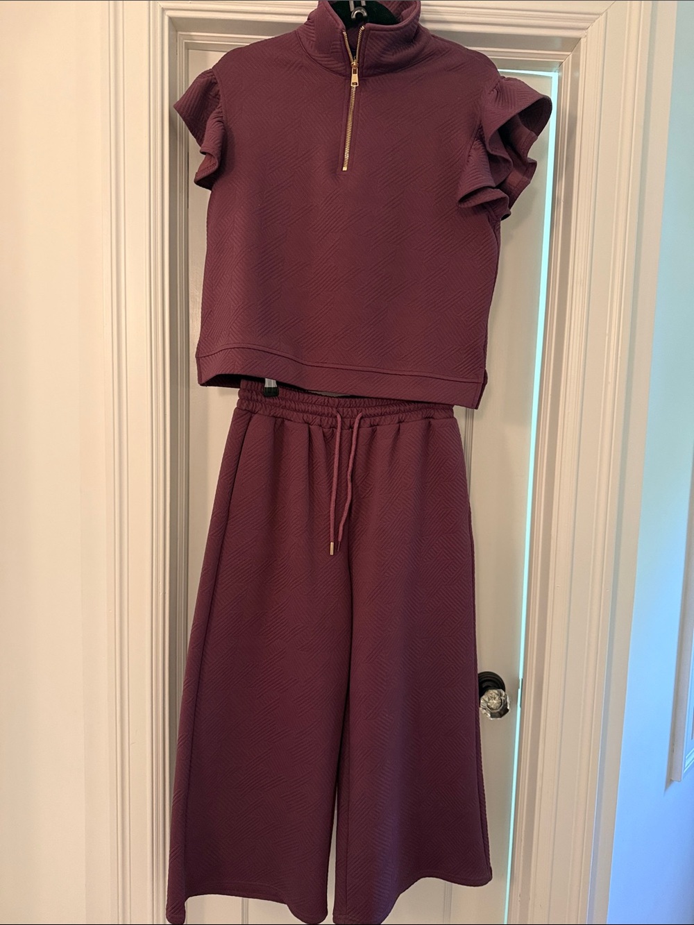 SSYS Wide-Leg Knit Pants and Ruffle Sleeve Top Set in Plum